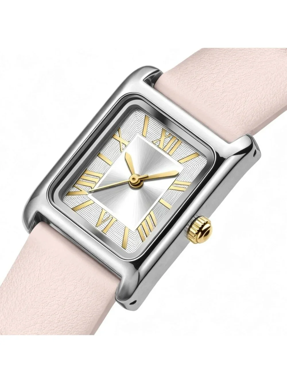 Women's Pink Silver Roman Numeral Leather Strap Square Face Analog Vintage Watch
